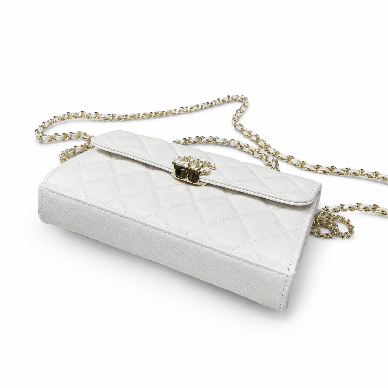 Chanel White Smooth Quilted Mini Top Handle Flap Bag | Gold Chain-Link CC Turn-Lock with Central Sphere & Dual White Chain