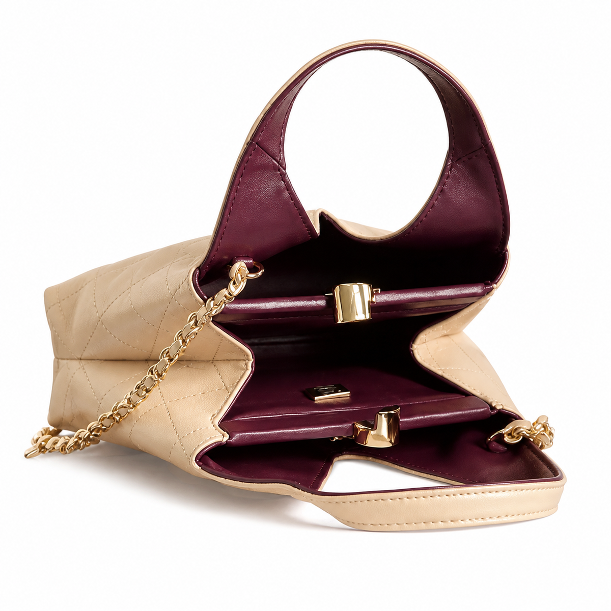 Chanel Large Hobo Bag Warm Beige Diamond-Quilted Lambskin | Burgundy Interior & Gold CC Clasp — 32cm