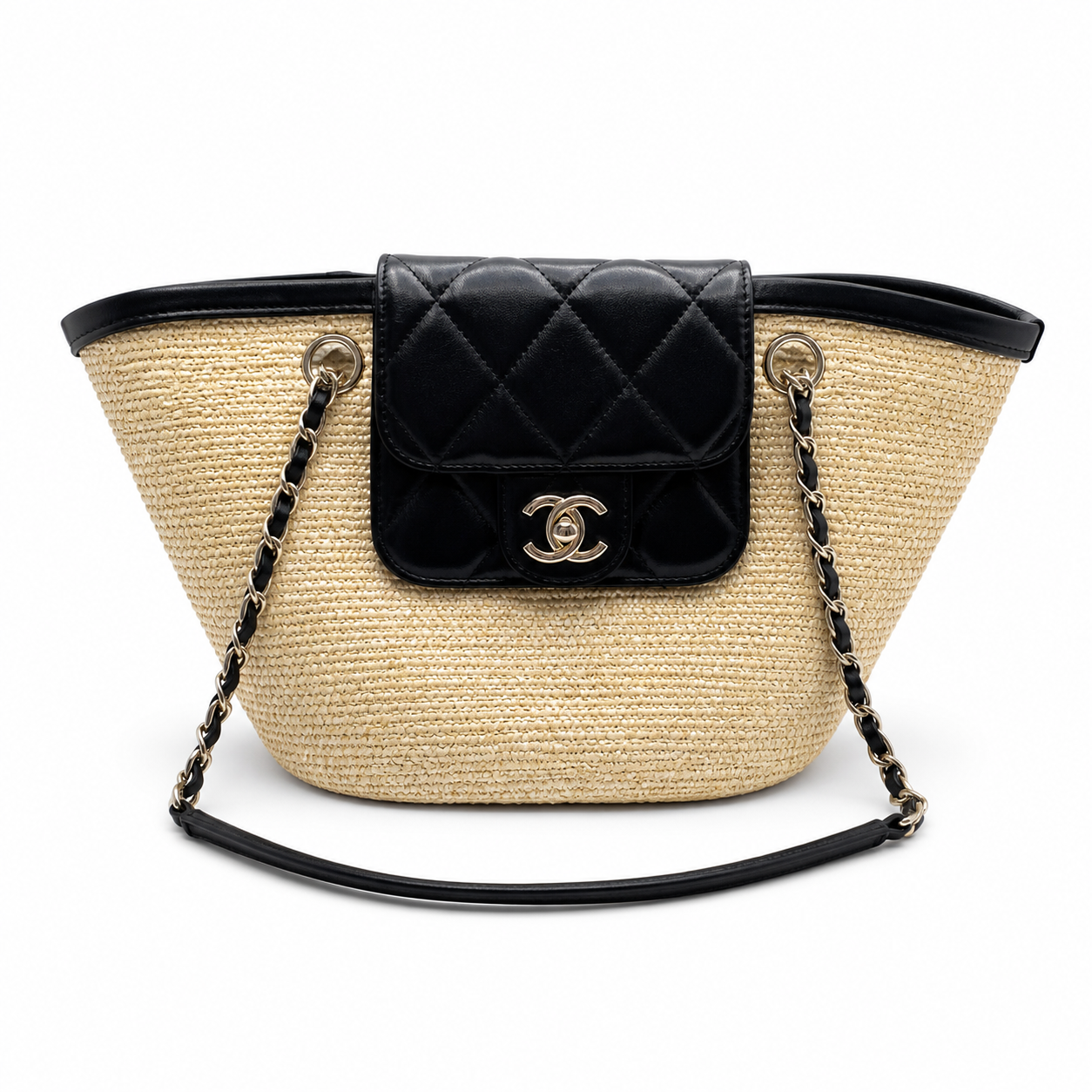 Chanel Small Basket Bag Natural Raffia & Black Quilted Lambskin | Silver CC Turn-Lock — 41cm