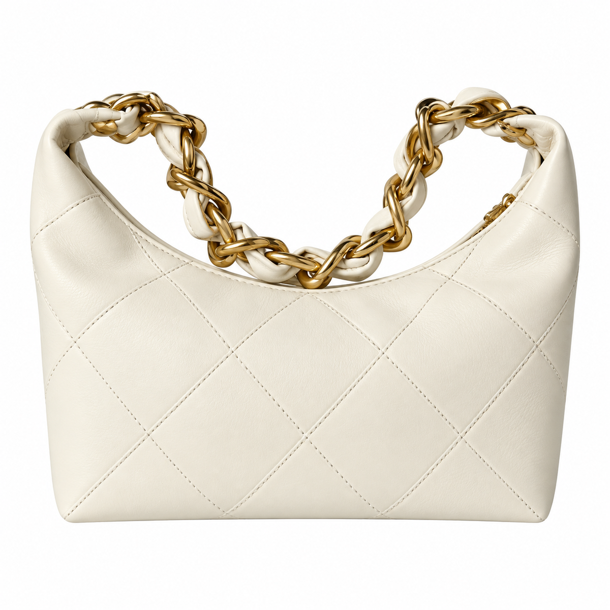 Chanel Zip Hobo Quilted Lambskin Pearl White Chunky Chain Gold 28cm