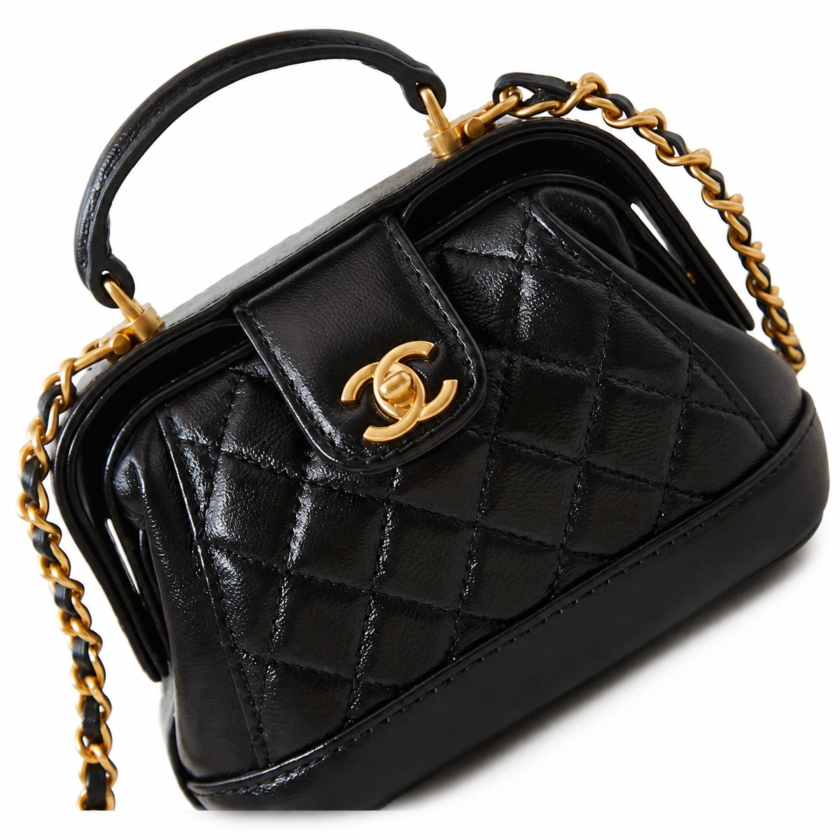 Chanel Mini Top Handle Box Bag | CC Turn-Lock Gold Chain Black — 9x13cm