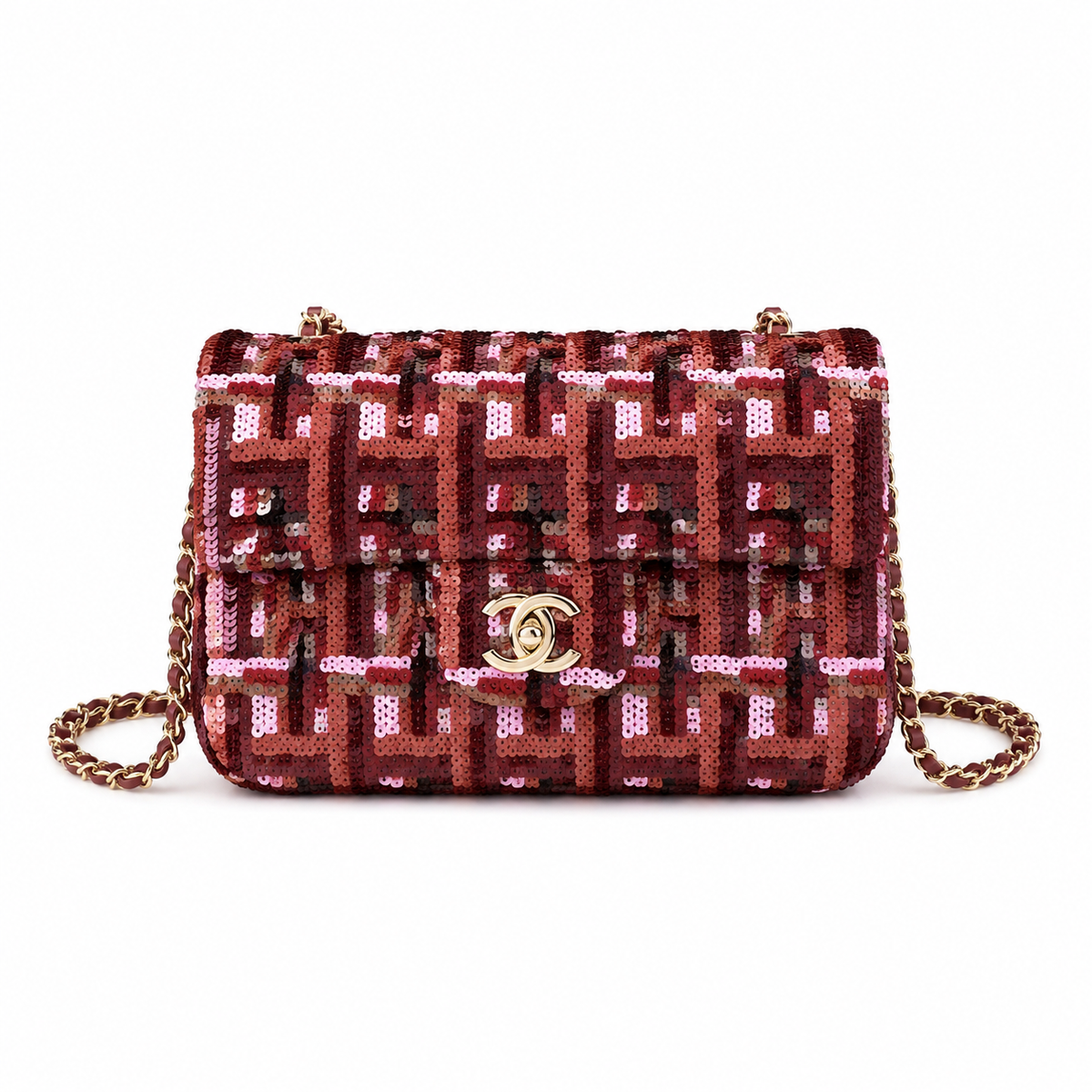 Chanel Red Tweed-Check Sequin & Burgundy Leather Flap Bag | Two-State Design, Gold CC & Full Burgundy Interior