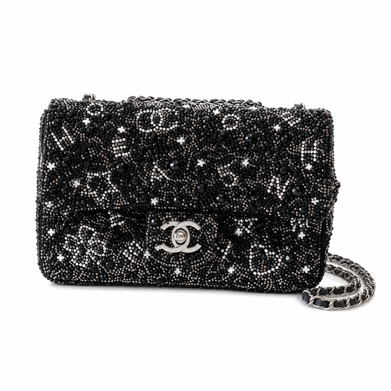 Chanel Crystal Star Flap Bag | CC Turn-Lock Silver Chain Black — 20cm