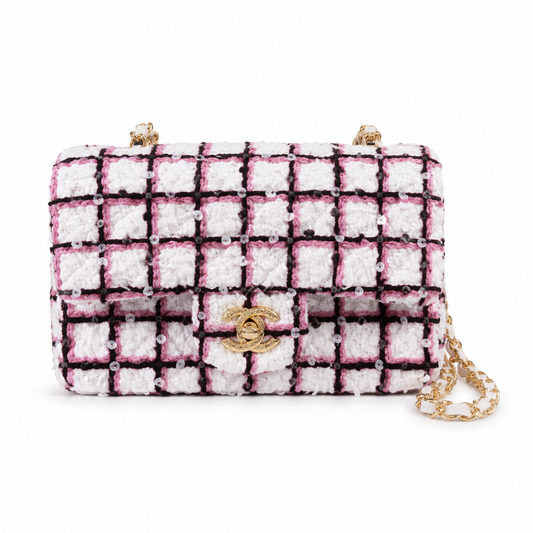 Chanel Tweed Crystal Flap Bag | Gold Chain Pink White Black — 20cm