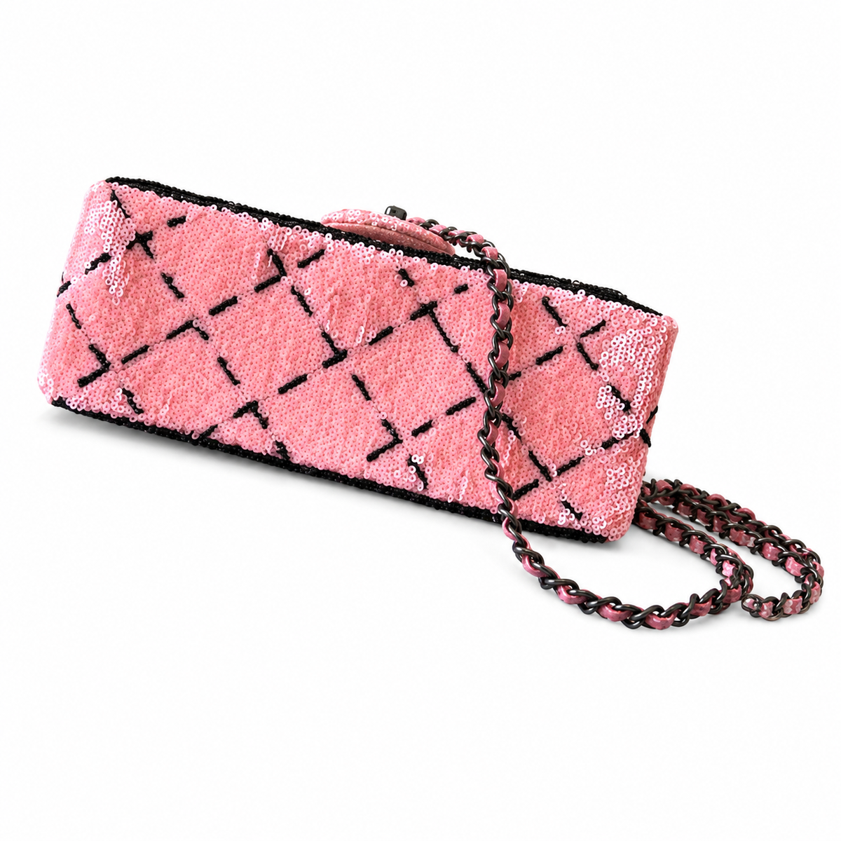 Chanel Pink Oversized Sequin Quilted Diamond Flap Bag | Black Micro-Sequin Grid & Border Frame, Gunmetal Chain