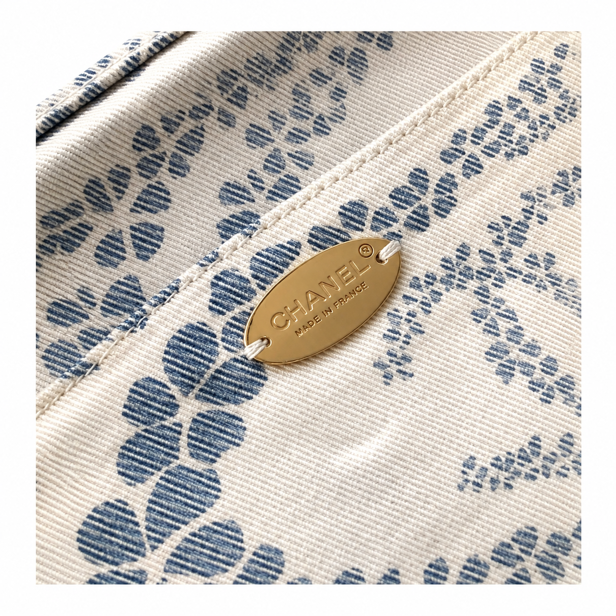 Chanel White & Blue Floral Jacquard Quilted Shopping Tote | White-Rimmed Gold CC Turn-Lock & Gold Chain Shoulder Strap