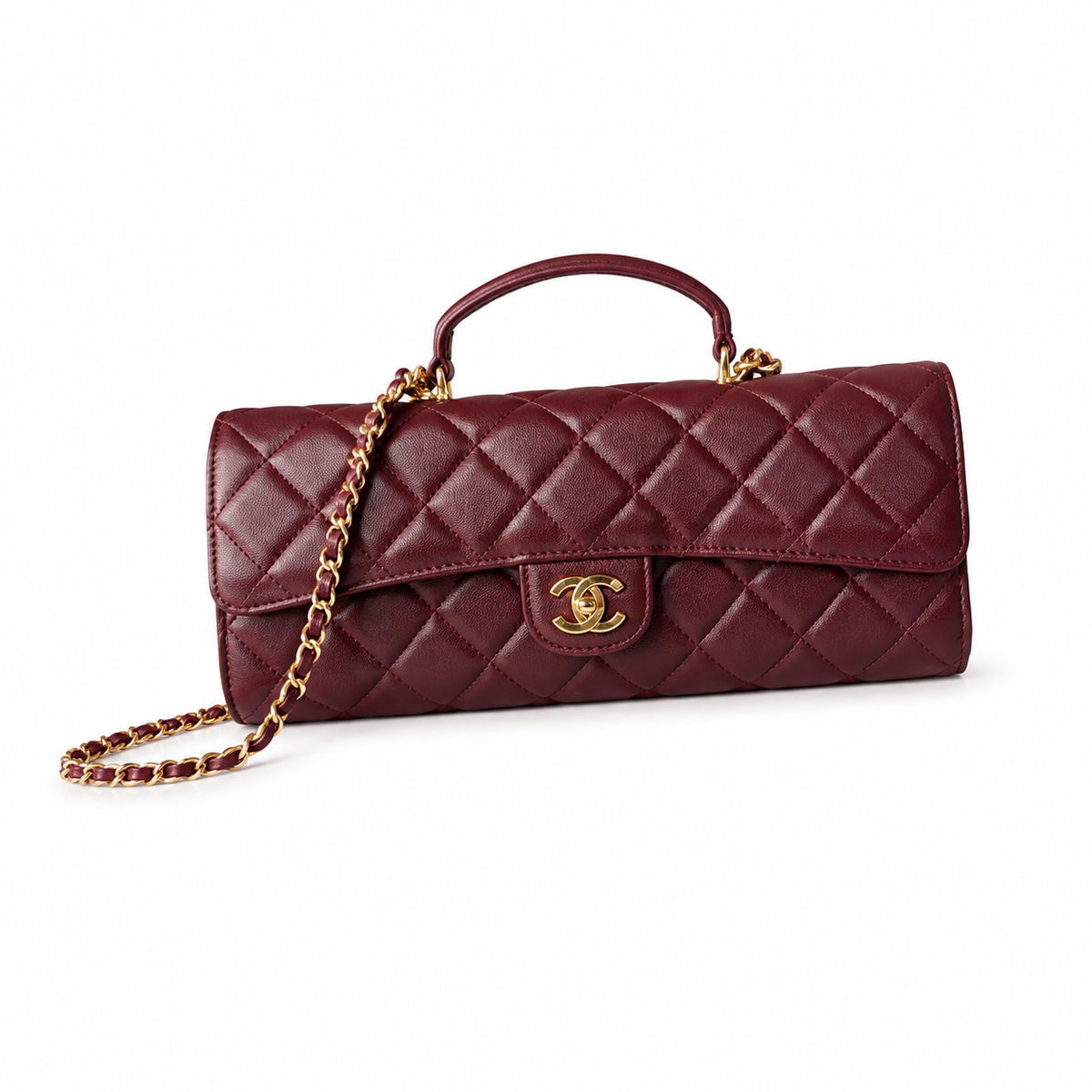 Chanel Dark Burgundy Diamond-Quilted Grained Leather Elongated Flap Bag | Top Handle & Gold Chain