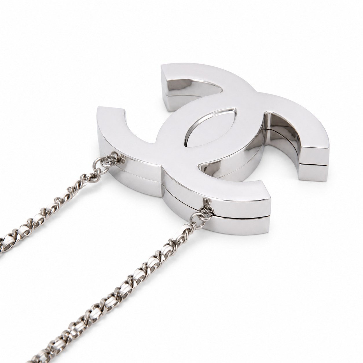Chanel CC Logo Hard Shell Minaudiere | Silver Mirror & Chain — 10cm