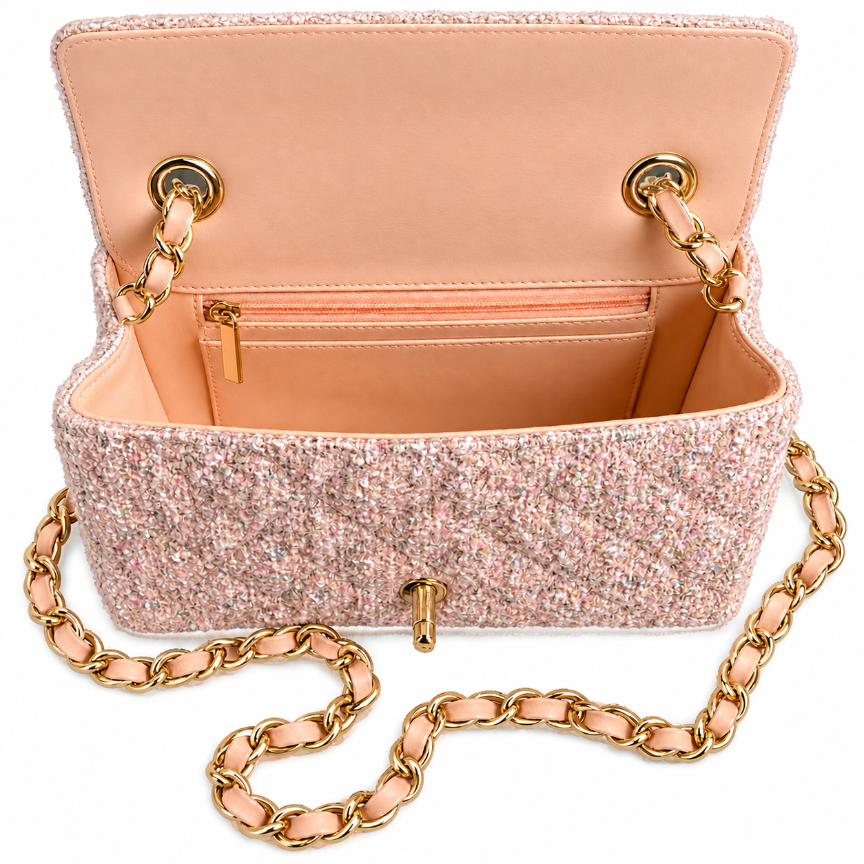 Chanel Classic Small Flap Bag Blush Pink Sequin-Embellished Tweed | Gold CC & Pink Chain — 20cm