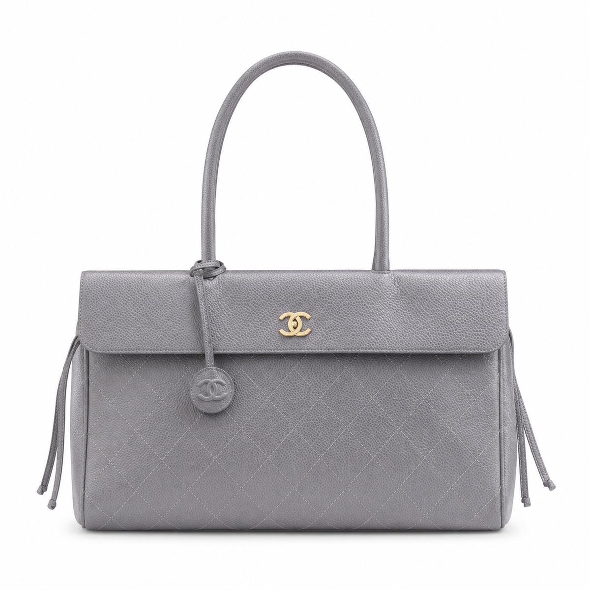Chanel Ice Grey Quilted Leather Large Tote | Leather CC Disc Clasp & Side Drawstring Ties
