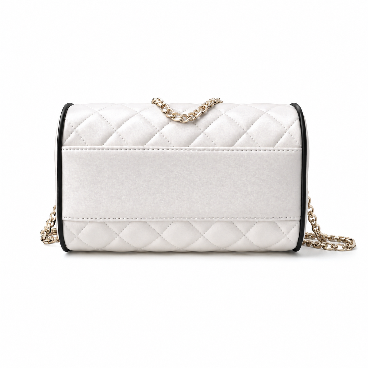 Chanel Quilted Barrel Bag | CC Logo Gold Chain White Black — 11.5x18.5cm