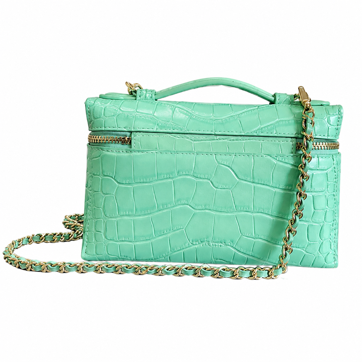 Chanel Mint Green Croc-Embossed Patent Vanity Case | Gold CC Logo, Top Handle & Tonal Chain