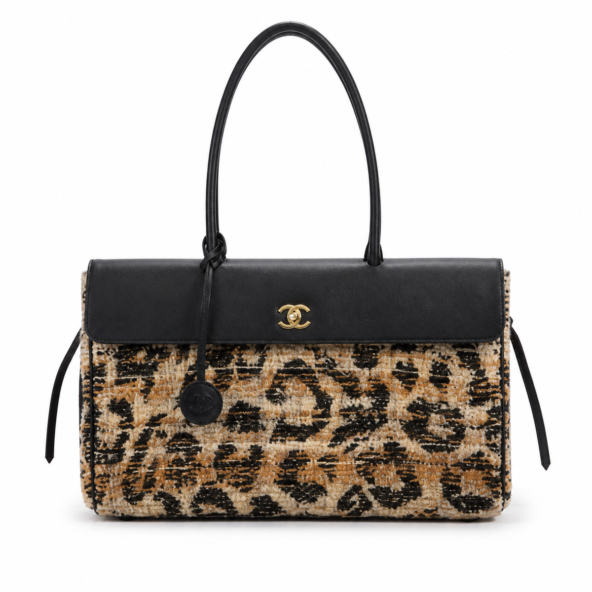 Chanel Medium Shopping Tote Abstract Camel & Black Bouclé Tweed | Detachable Leather Flap Pocket — 38cm