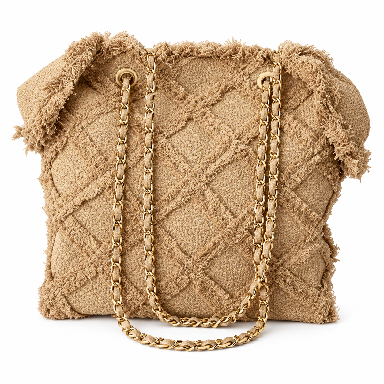 Chanel Large Quilted Raffia Fringe Tote Bag Natural Beige Gold 48cm
