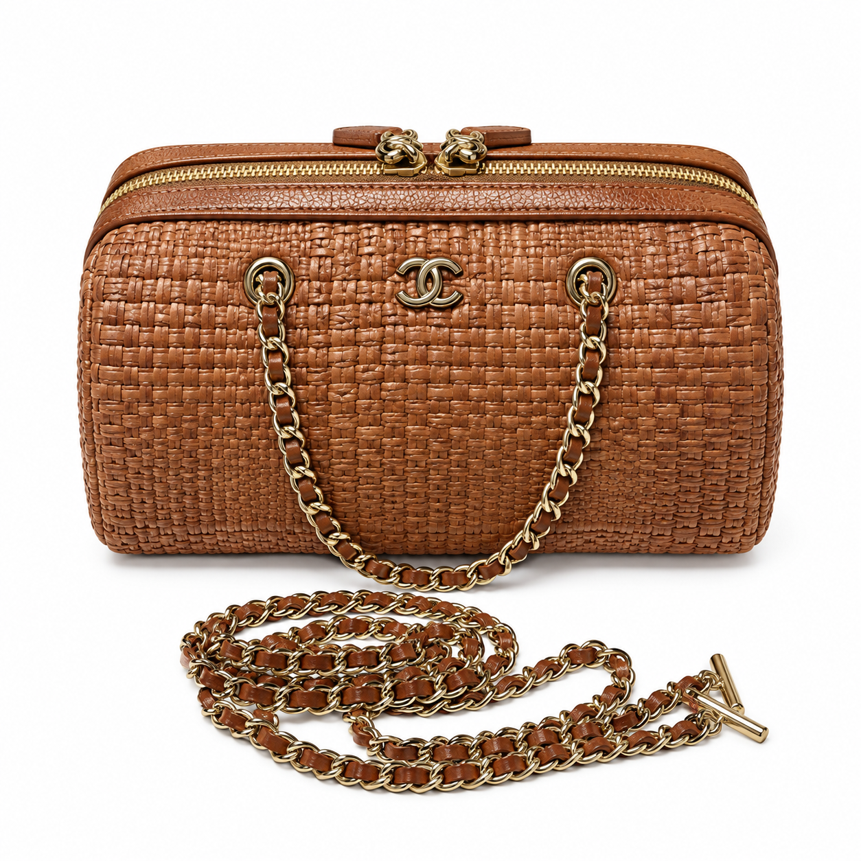Chanel Raffia Barrel Bag Woven Caramel Gold Chain Extra-Long Strap 18.5cm