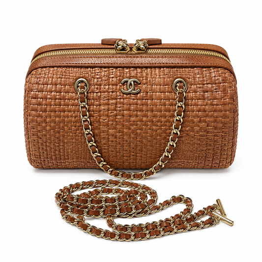 Chanel Raffia Barrel Bag Woven Caramel Gold Chain Extra-Long Strap 18.5cm