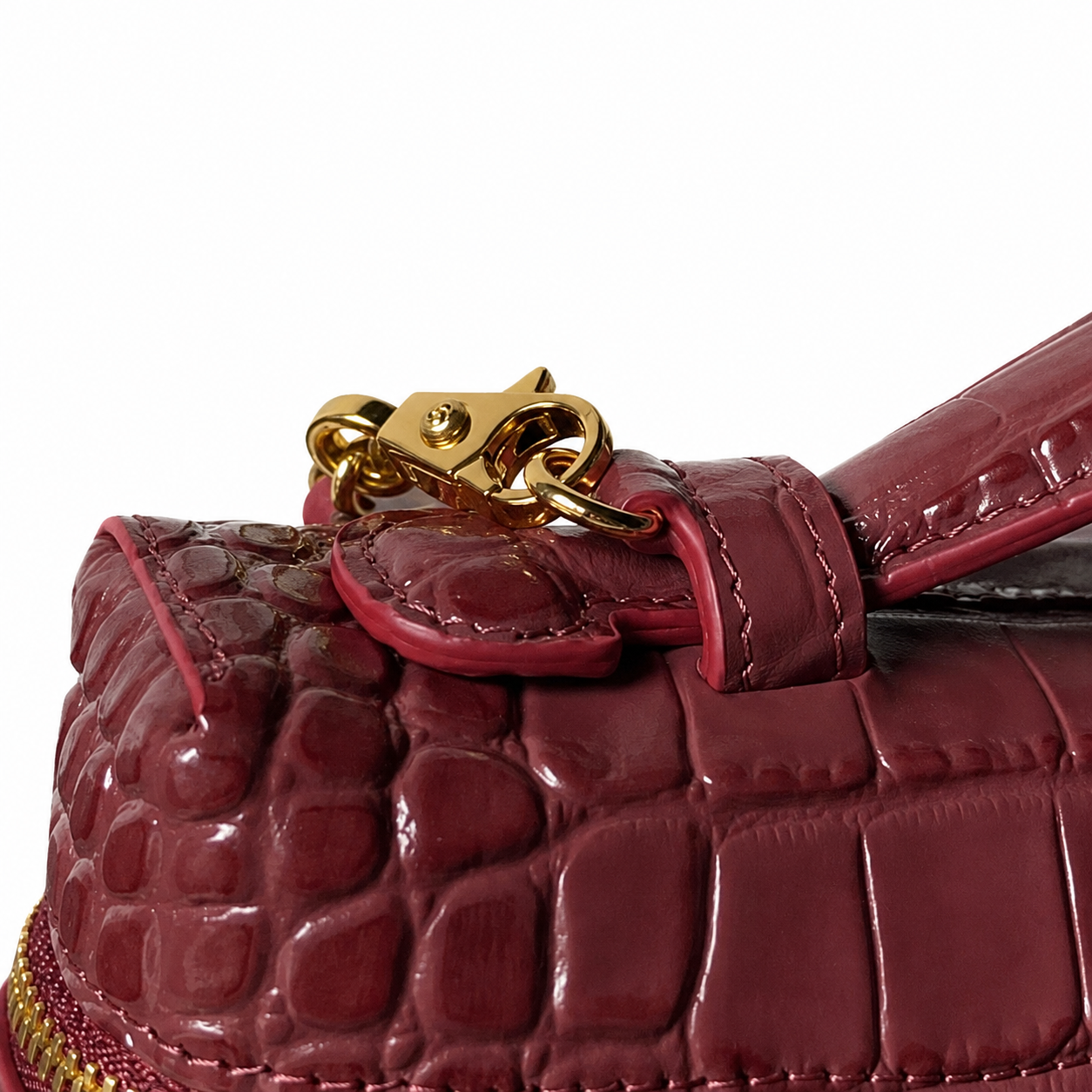Chanel Burgundy Croc-Embossed Structured Box Bag | Full-Width Front Zip & Gold Chain