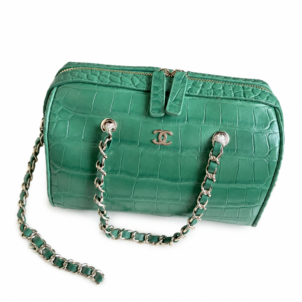 Chanel Jade Green Croc-Embossed Camera Bag | Gold CC Badge & Burgundy Interior