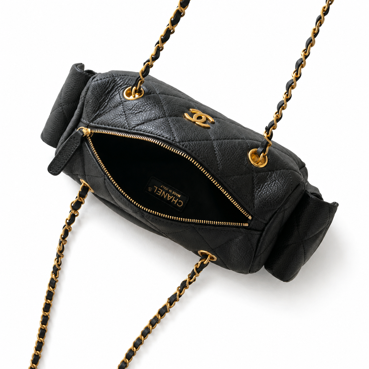Chanel Black Caviar Leather Quilted Camera Bag | Oversized Antique Gold CC, Side Pockets & Double Chain with Leather Strap