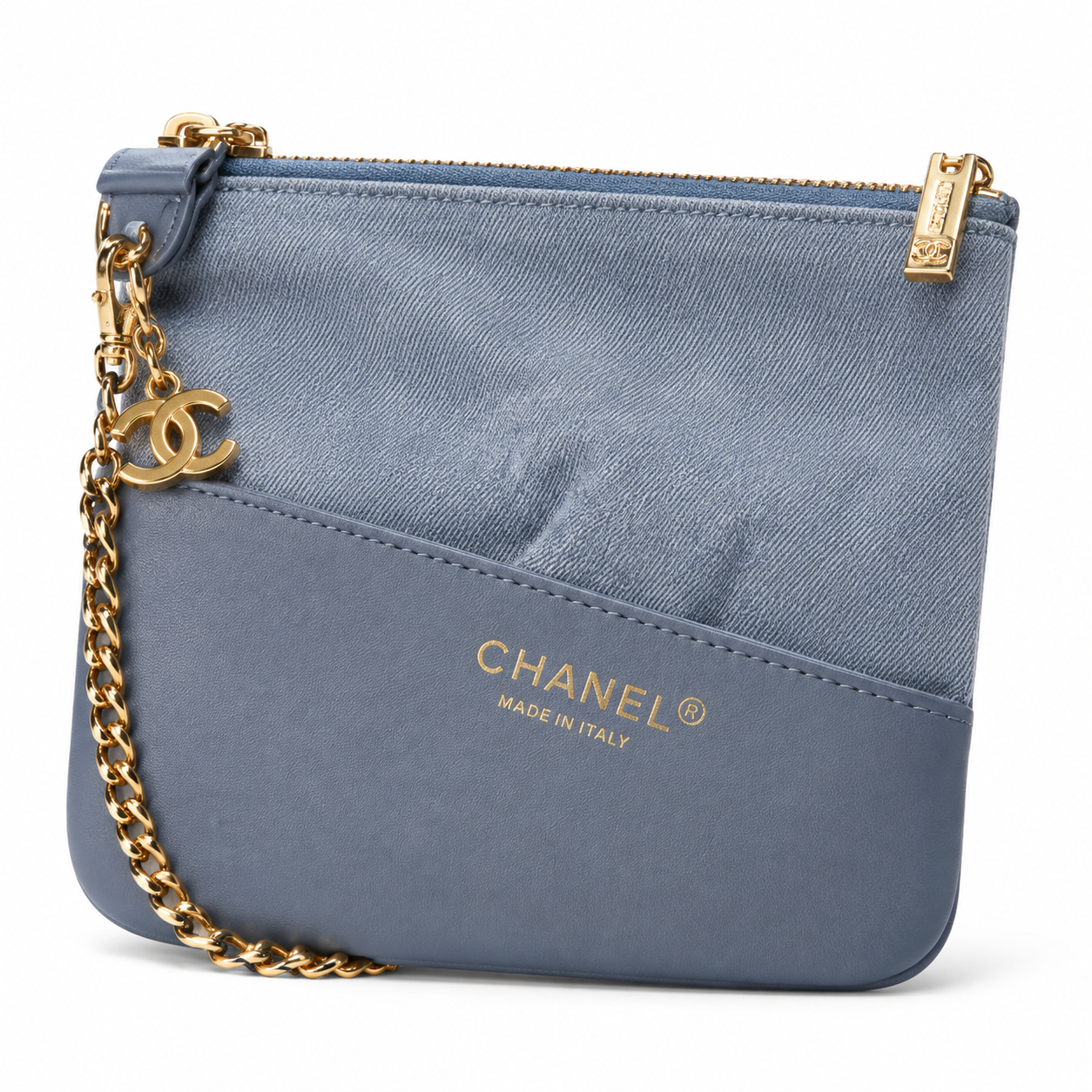 Chanel Denim Soft Hobo Tote | CC Charm Gold Double Chain Light Blue — 35x24cm