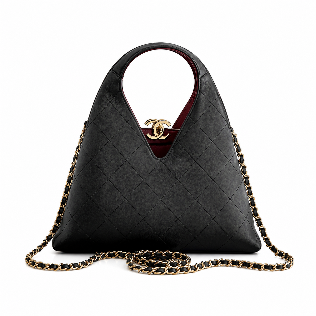 Chanel Large Hobo Bag Black Diamond-Quilted Lambskin | Burgundy Interior & Gold CC Clasp — 32cm