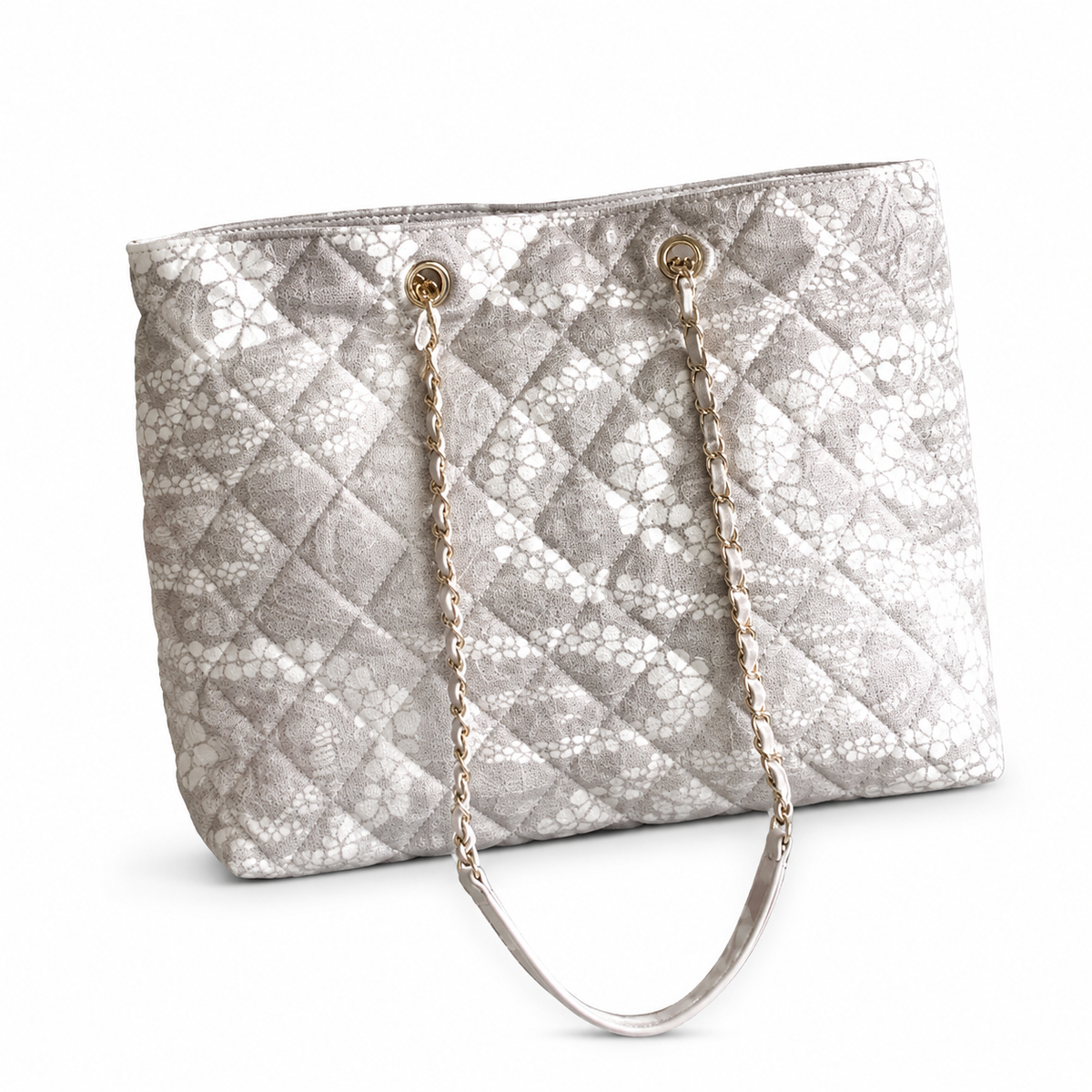 Chanel Grey & White Floral Jacquard Quilted Shopping Tote | Gold Oval Logo Plate, Silver Chain & Fabric Top Handle