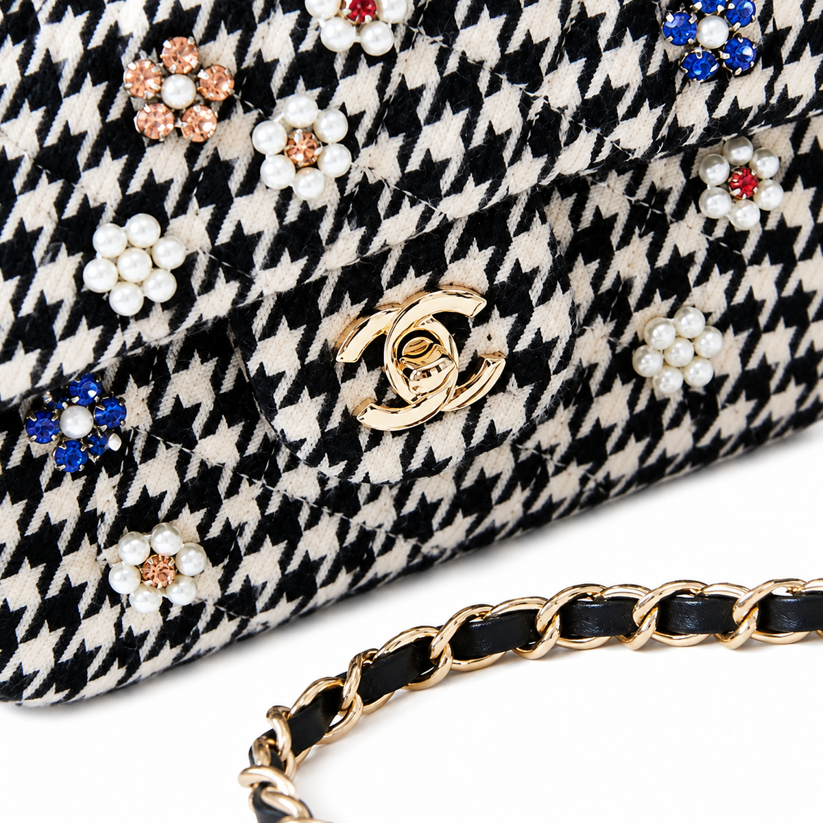 Chanel Black & White Houndstooth Tweed Box Bag with Pearl & Crystal Flower Embellishments