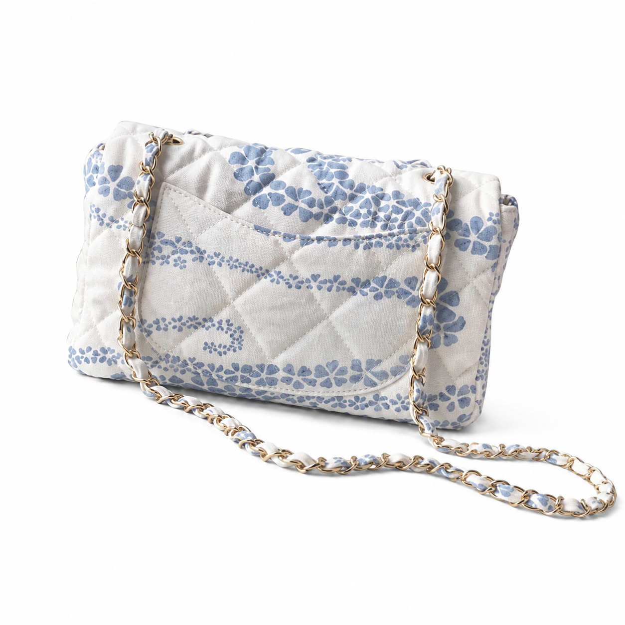 Chanel White & Powder Blue Floral Twill Jacquard Small Classic Flap Bag | Matching Floral Interior, Gold CC Turn-Lock & White Fabric Chain