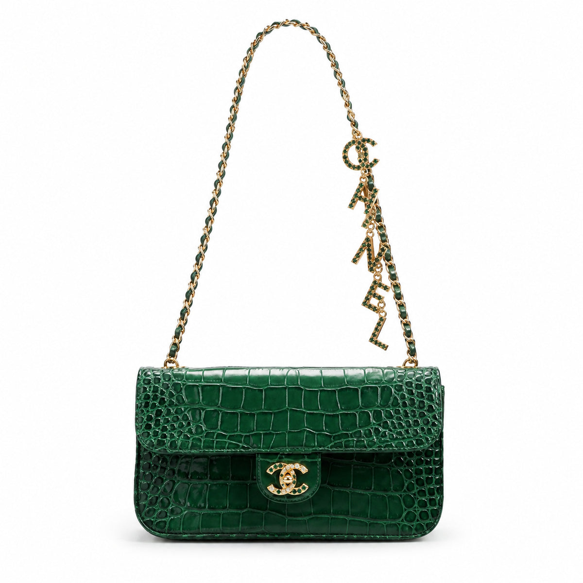 Chanel Emerald Green Croc-Embossed Flap Bag | Jewelled Multi-Stone CC Turn-Lock & Wine Red Interior