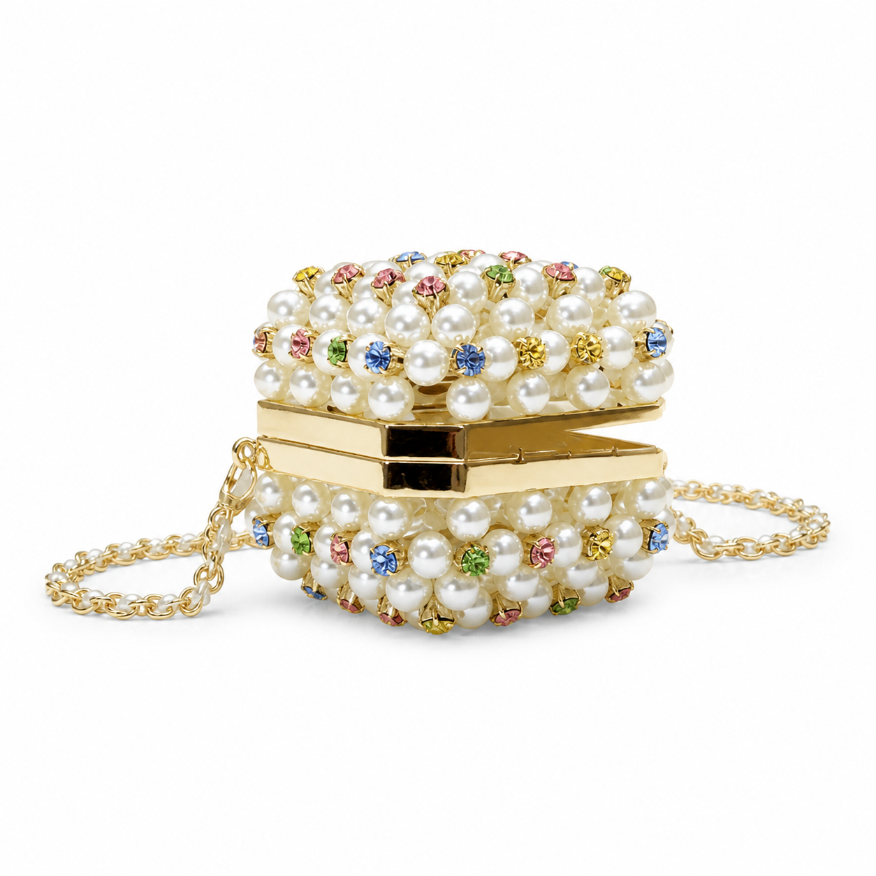 Chanel Cream Pearl Minaudère Box Bag | Rhinestones & Pearl-Interwoven Chain — 8cm