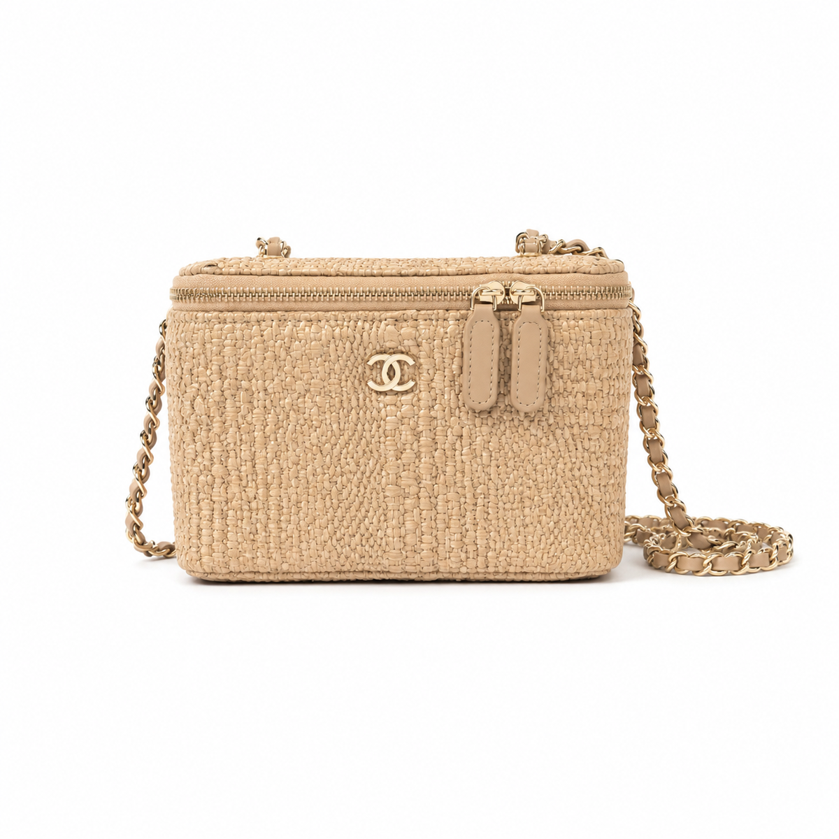Chanel Natural Raffia Woven Vanity Case | Built-In Mirror, Gold CC Logo & Chain Strap