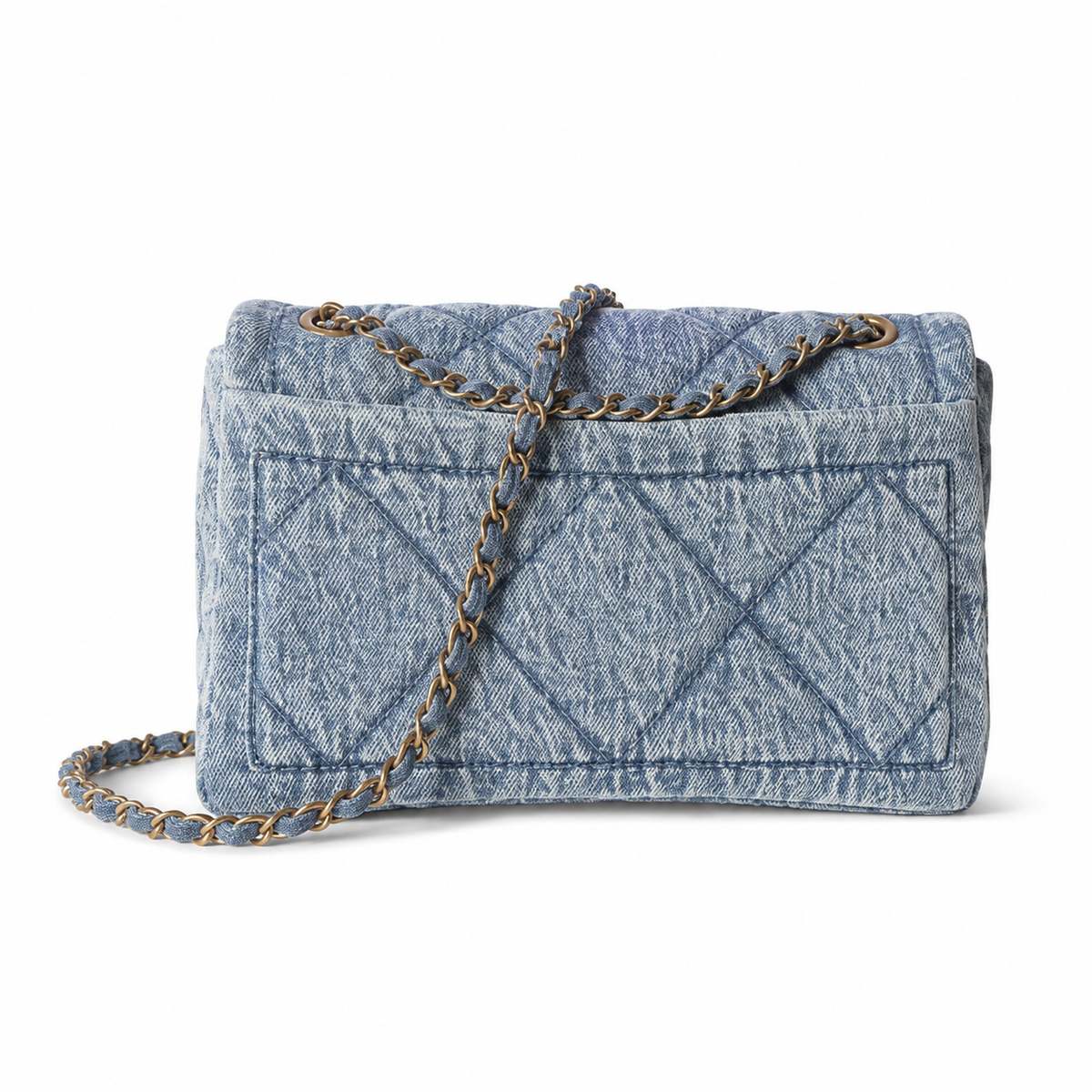 Chanel Denim Quilted Flap Bag | CC Turn-Lock Gold Chain — 18x28cm