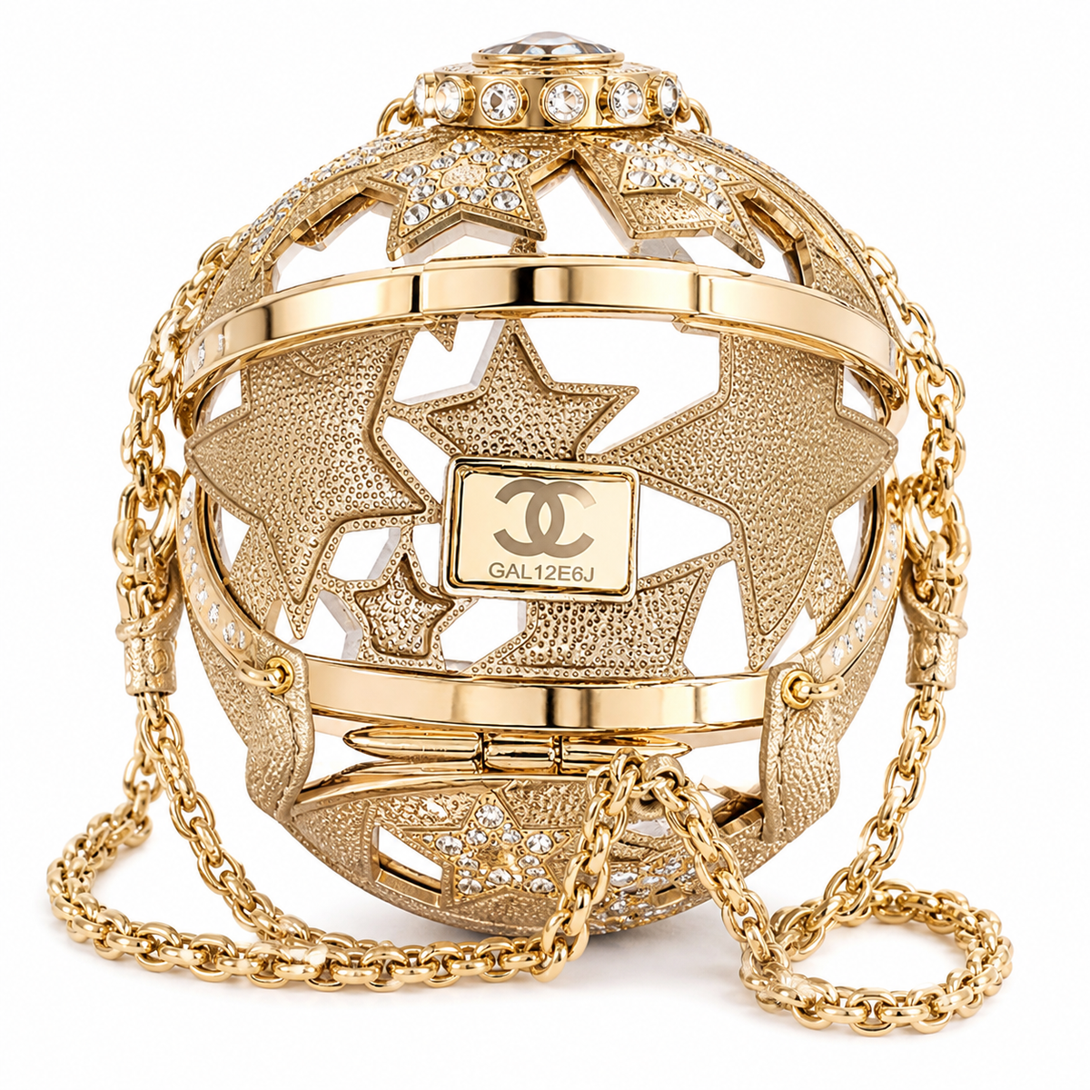 Chanel CC Crystal Star Globe Minaudiere | Gold Filigree & Chain — 13cm