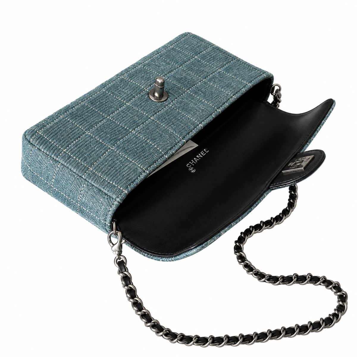 Chanel Denim Square Quilted East West Flap Bag Blue Ruthenium 26cm
