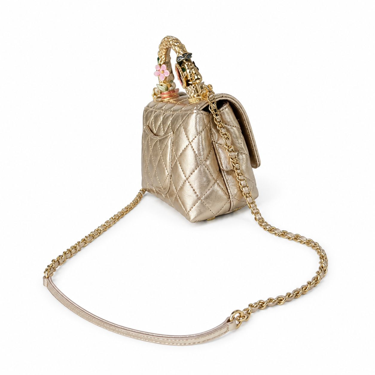 Chanel Champagne Gold Quilted Lambskin Mini Flap | Camellia Turn-Lock & Jeweled Handle — 19cm