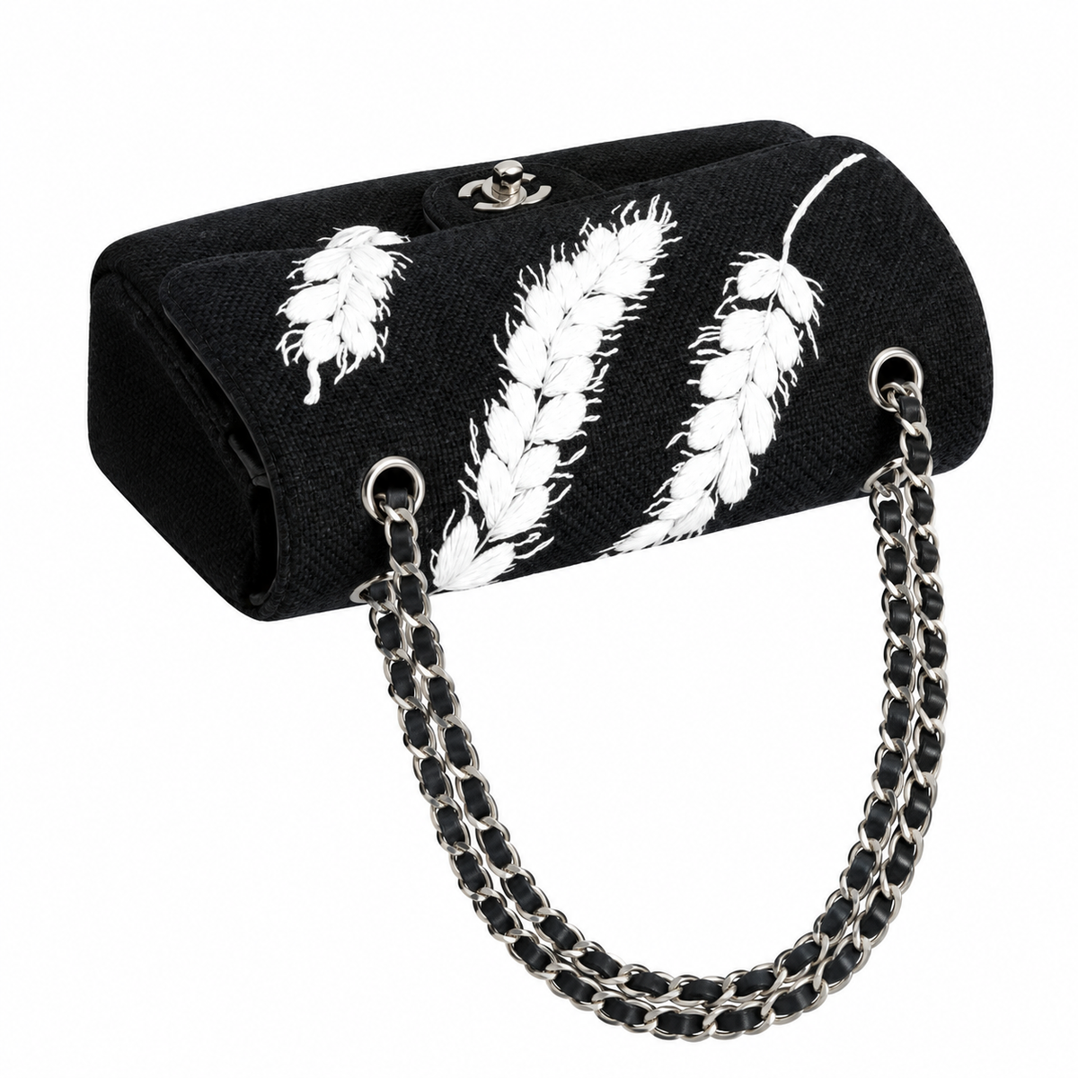 Chanel Classic Double Flap Tweed Black Camellia Charm Silver 25cm