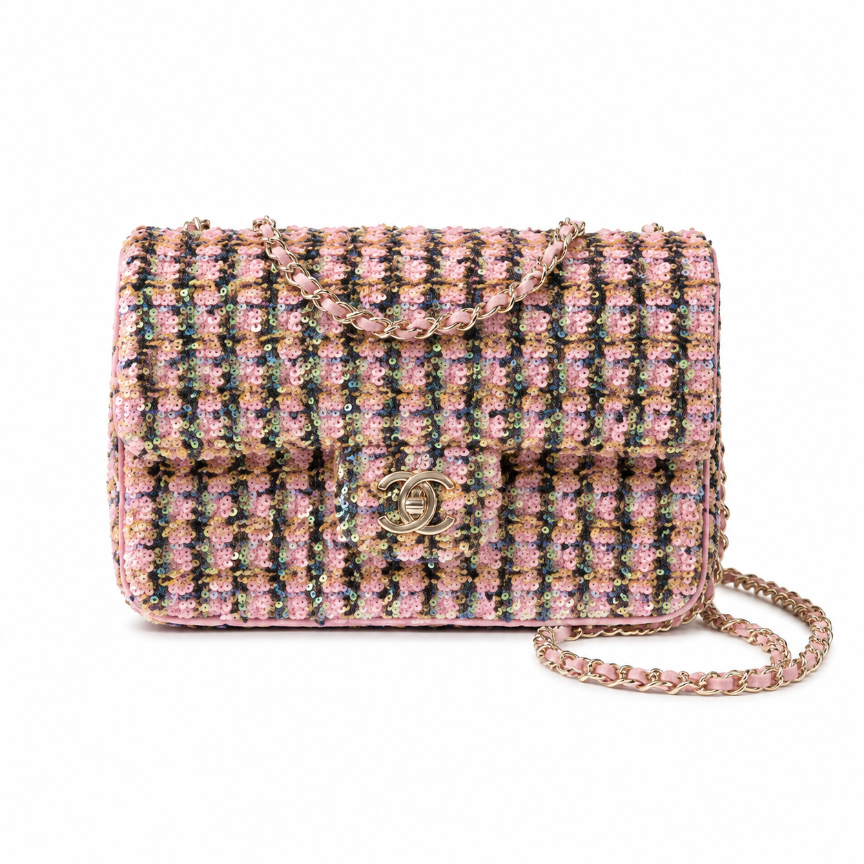 Chanel Pink Tweed-Stripe Sequin Flap Bag | Rose Gold Chain, Gold Rectangular CC & Bright Pink Interior