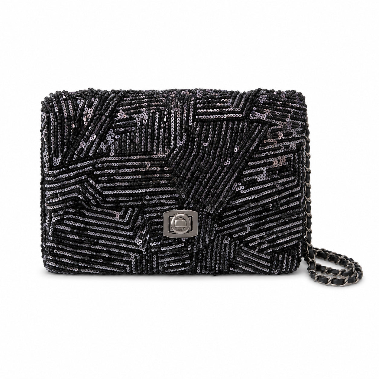 Chanel Small Flap Bag Black Micro-Bead & Sequin Hand-Embroidered Chevron | Ruthenium Chain — 20cm