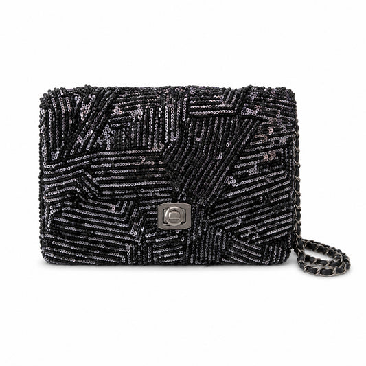 Chanel Small Flap Bag Black Micro-Bead & Sequin Hand-Embroidered Chevron | Ruthenium Chain — 20cm