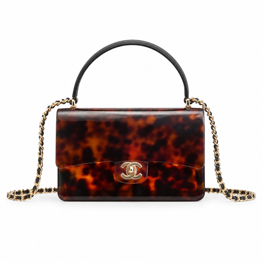 Chanel Tortoiseshell Resin Minaudière Clutch | Gold Hinge Chain Brown — 9x12cm