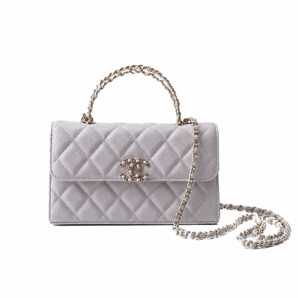 Chanel Dove Grey Quilted Leather Mini Top Handle Flap Bag with All-Metal Silver Chain