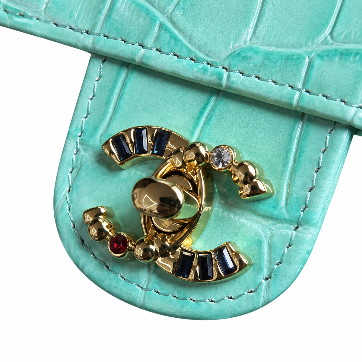 Chanel Aqua Turquoise Croc-Embossed Flap Bag | Pearl CC Turn-Lock & Letter Charm Chain