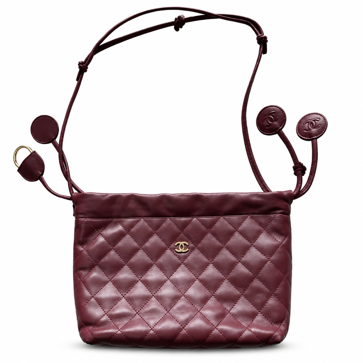 Chanel Burgundy Lambskin Quilted Drawstring Bucket Bag | Triple CC Coin Charms & Adjustable Strap