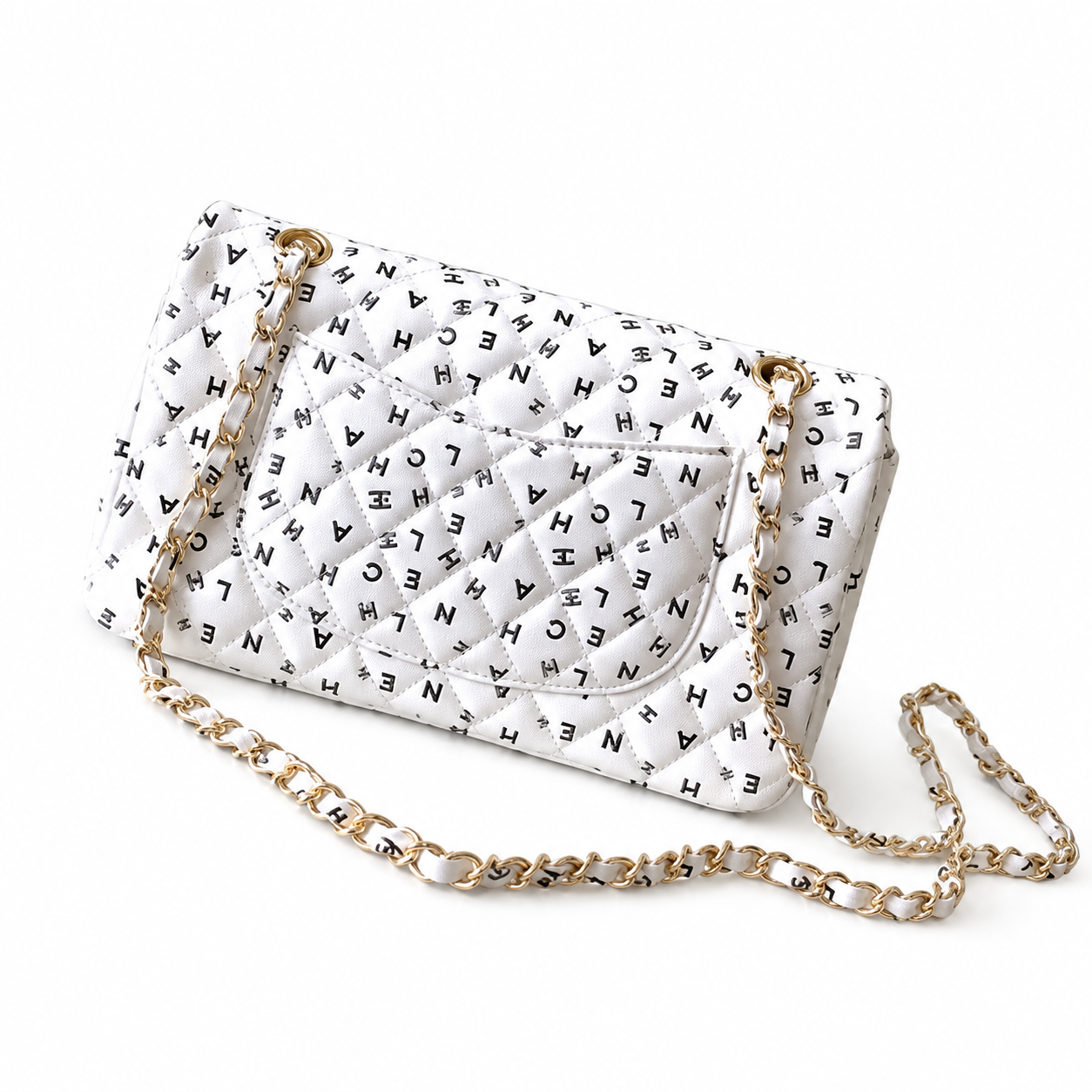 Chanel White Logo-Print Quilted Classic Double Flap Bag