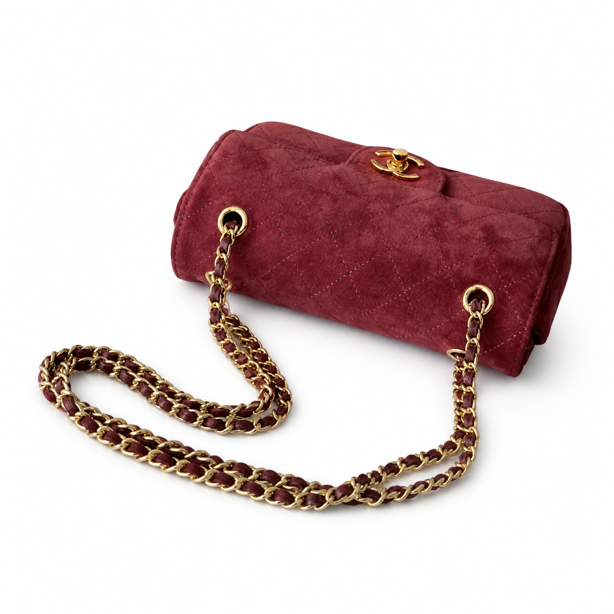 Chanel Classic Single Flap Bag Deep Burgundy Quilted Suede | Matte Gold CC Turn-Lock — 20cm