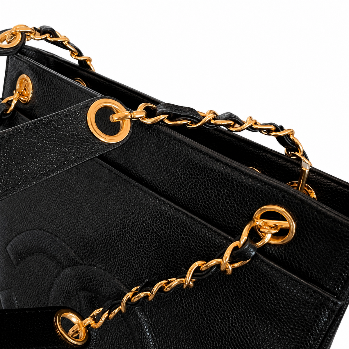 Chanel Black Caviar Open-Top Tote | Built-In Front CC Flap Pocket & Gold Chain Straps — 26cm