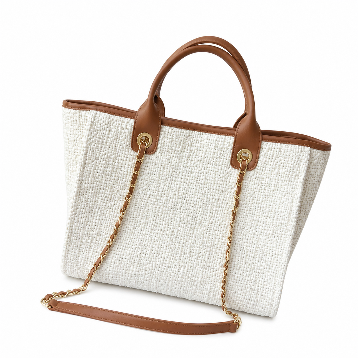 Chanel Deauville Tote Ivory Bouclé | Tan Leather CHANEL CC PARIS Appliqué & Gold Coin — 33cm