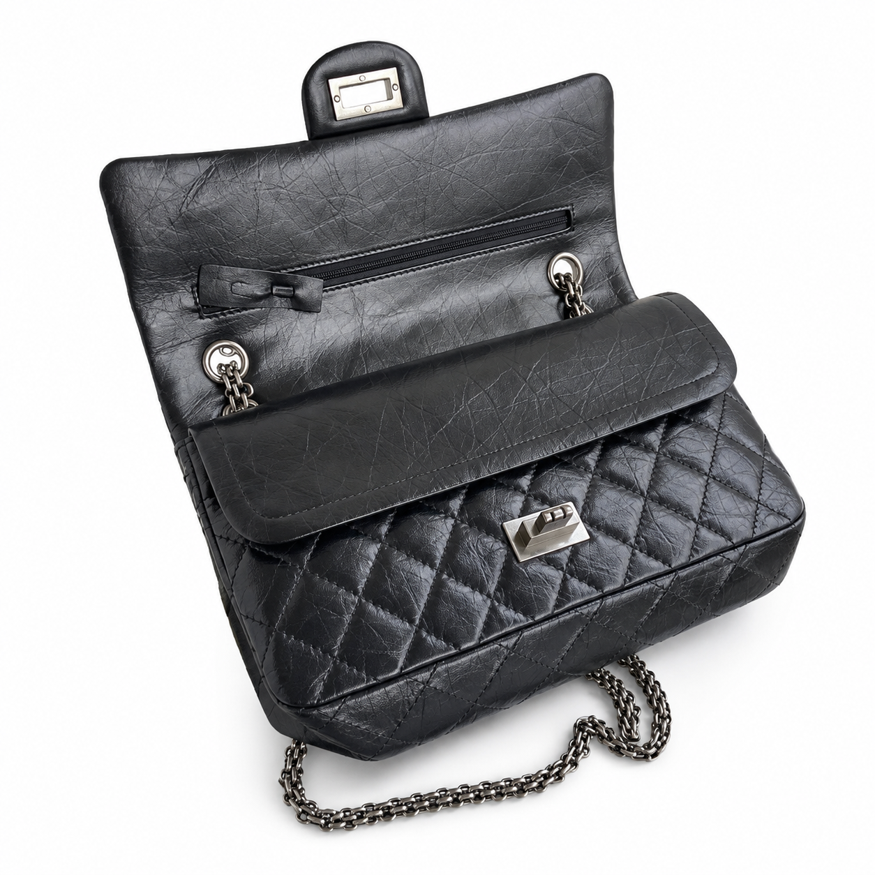 Chanel Black Aged Calfskin Quilted Flap Bag | Ruthenium Mademoiselle Lock & Multi-Chain