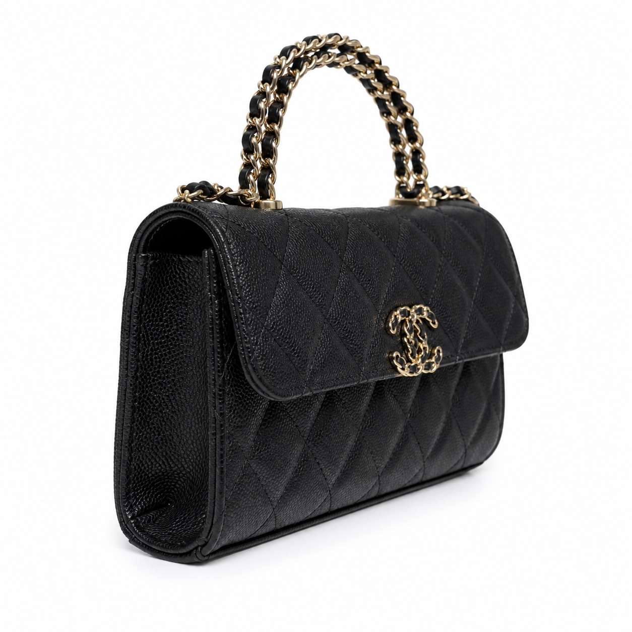 Chanel Black Caviar Quilted Mini Top Handle Flap Bag | Gold Chain-Texture CC Turn-Lock, Ball Connectors & Quilted Interior Pocket