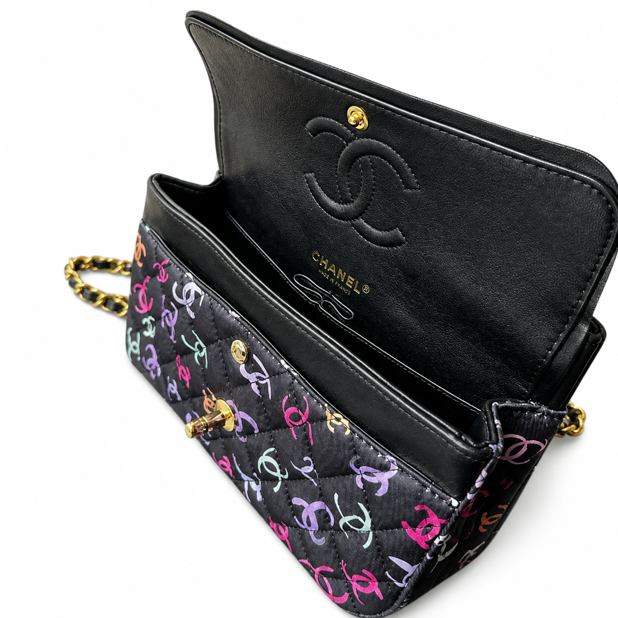 Chanel CC Print Classic Flap Bag | Black Quilted Satin — 23cm